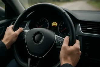 Autó kormányzása ABS rendszerrel, modern jármű belső