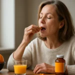 Nő C-vitamint szed és narancslevet iszik a reggelijénél.