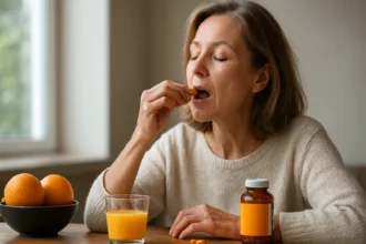 Nő C-vitamint szed és narancslevet iszik a reggelijénél.