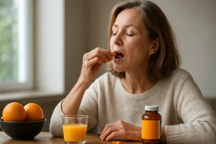 Nő C-vitamint szed és narancslevet iszik a reggelijénél.