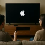 Pár, aki Apple TV-t néz a kanapén ülve egy modern nappaliban.