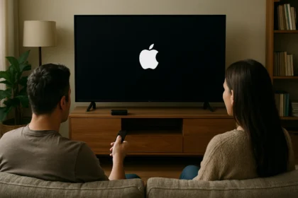 Pár, aki Apple TV-t néz a kanapén ülve egy modern nappaliban.