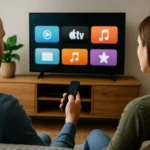 Pár az Apple TV távirányítójával, a képernyőn megjelenő app ikonokkal.