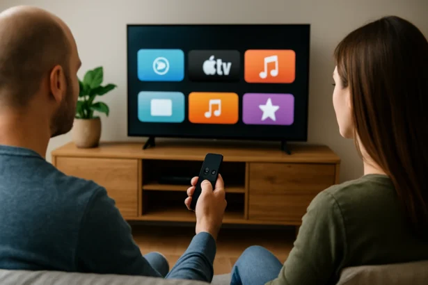 Pár az Apple TV távirányítójával, a képernyőn megjelenő app ikonokkal.