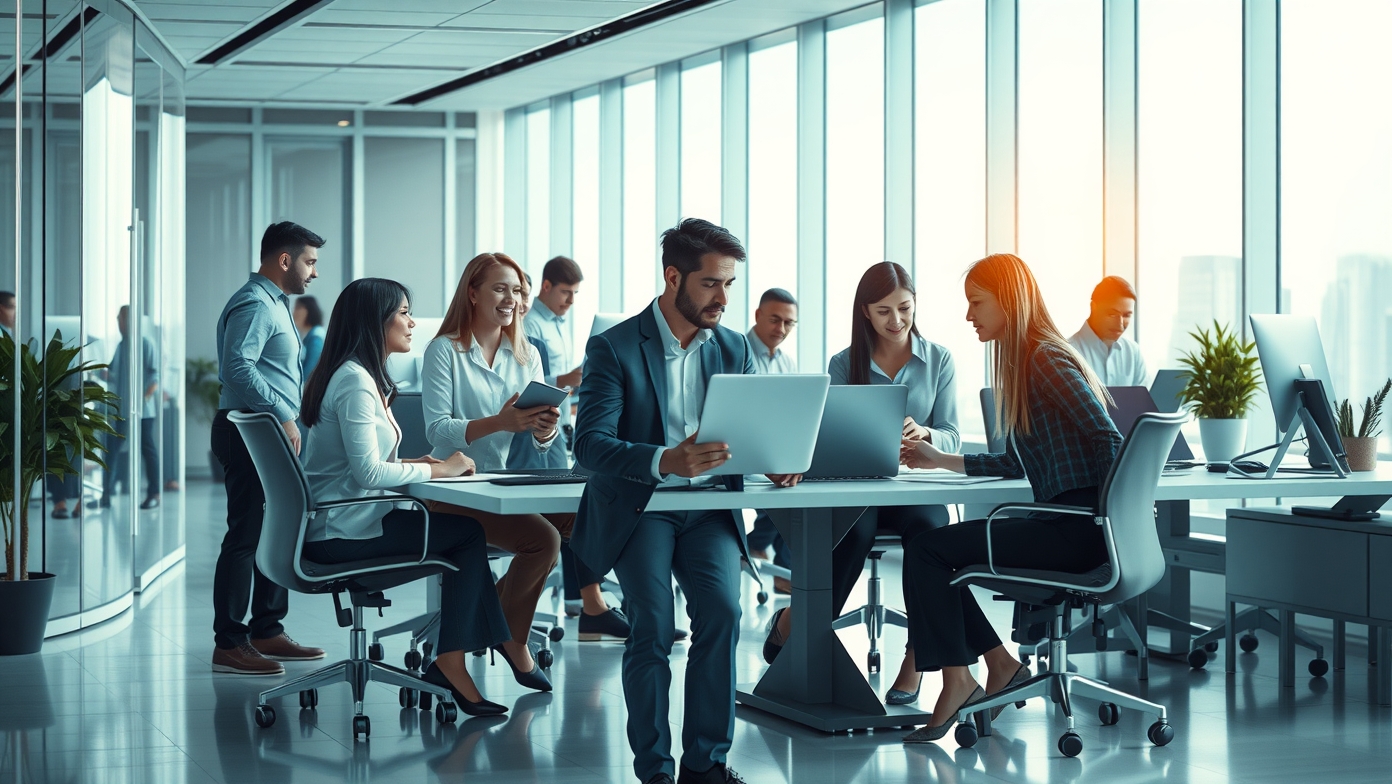 Modern irodai környezet, ahol a csapat együttműködik és dolgozik.