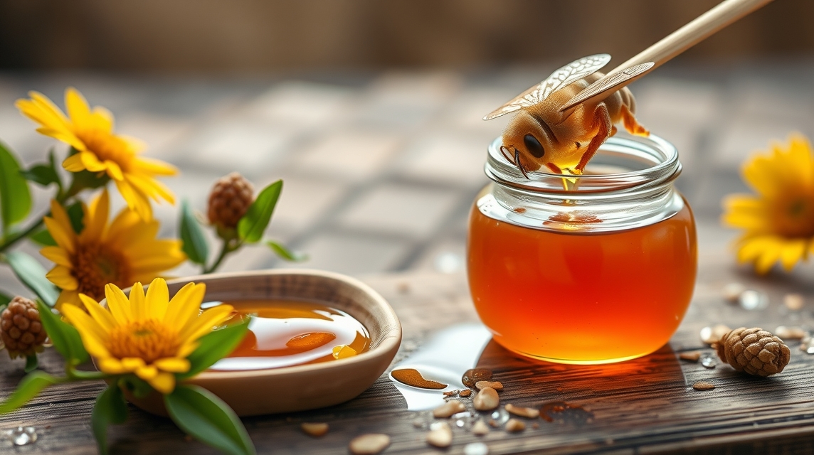 Üveg mézgyümölcs és virágok, a természetes gyógyír bemutatása.