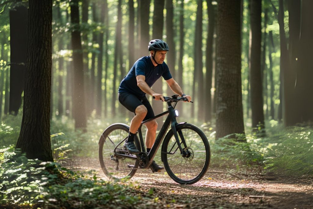 Férfi elektromos kerékpárral az erdőben, friss levegőn