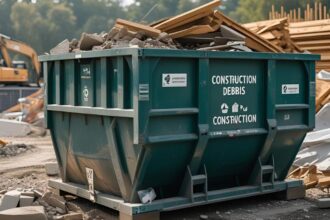Zöld konténer építkezési hulladék számára a felújítás alatt.