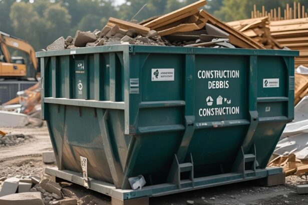 Zöld konténer építkezési hulladék számára a felújítás alatt.