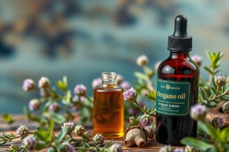 Oregánóolaj üvegpalack gyógynövények között
