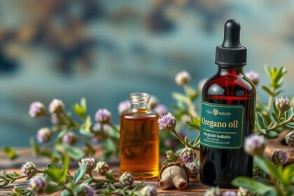 Oregánóolaj üvegpalack gyógynövények között