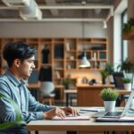 Fiatal férfi dolgozik a munkahelyén, stresszkezelés és egyensúly