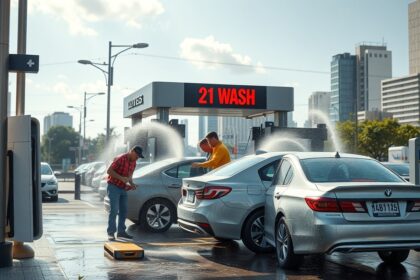 Önkiszolgáló autómosó folyamat, víz és kényelem megjelenítése.