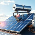 Napkollektorok tetőn, napenergia hasznosítása vízmelegítéshez.