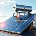 Napkollektorok tetőn, napenergia hasznosítása vízmelegítéshez.