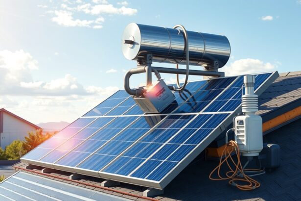 Napkollektorok tetőn, napenergia hasznosítása vízmelegítéshez.