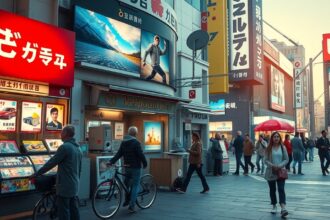 Férfiak és nők sétálnak egy forgalmas utcán, reklámokkal körülvéve.