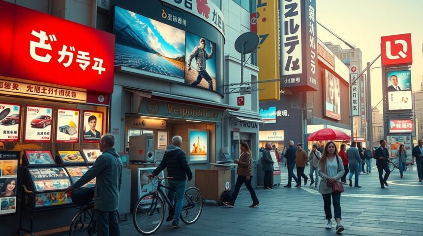 Férfiak és nők sétálnak egy forgalmas utcán, reklámokkal körülvéve.