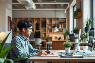 Fiatal férfi dolgozik a munkahelyén, stresszkezelés és egyensúly