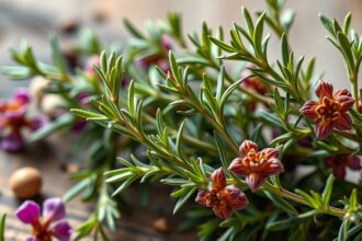 Friss rozmaring levelek és virágok a fából készült felületen.