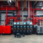 Ipari elektronikai vezérlők és csőhálózat egy modern létesítményben.