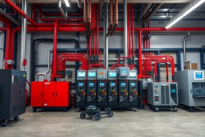 Ipari elektronikai vezérlők és csőhálózat egy modern létesítményben.