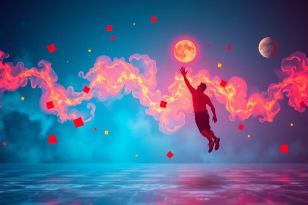 Férfi ugrik a motiváció és kreativitás szimbolikus ábrázolásával