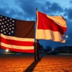 Két zászló áll egy emberenél, amerikai és indonéz.