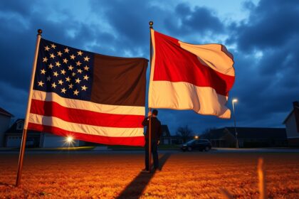 Két zászló áll egy emberenél, amerikai és indonéz.