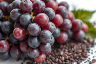 Friss szőlő szőlőmag-őrleménnyel, antioxidáns jótékony hatásokkal.