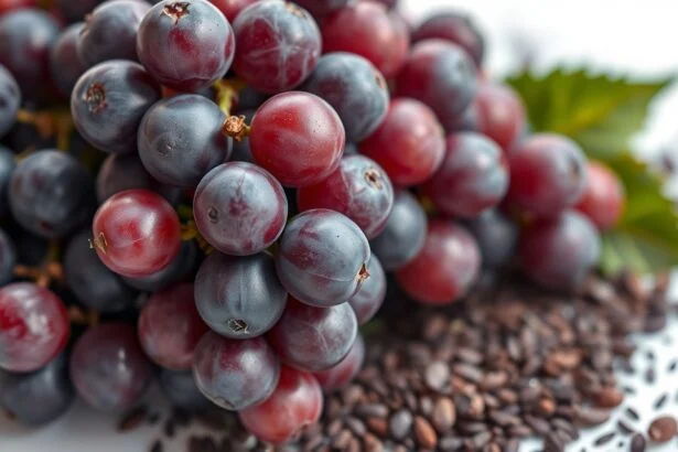 Friss szőlő szőlőmag-őrleménnyel, antioxidáns jótékony hatásokkal.