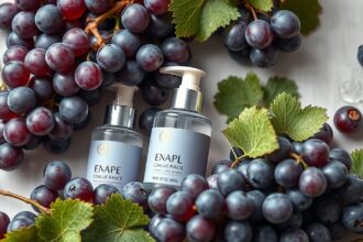 Szőlőszesz alapú bőrápoló termékek szőlőkkel körbevéve.