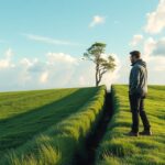 Férfi nézi a nyeles telkeket zöld mezőn, beruházási lehetőségek