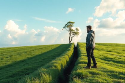 Férfi nézi a nyeles telkeket zöld mezőn, beruházási lehetőségek