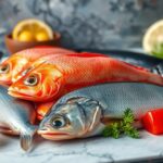 Friss olajos halak citrommal és zöldségekkel tálalva.