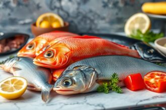 Friss olajos halak citrommal és zöldségekkel tálalva.