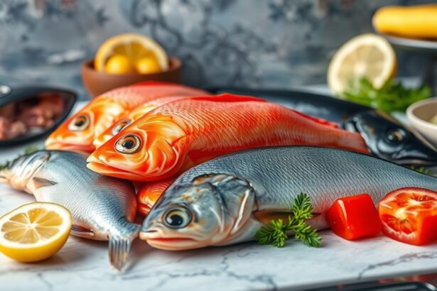 Friss olajos halak citrommal és zöldségekkel tálalva.