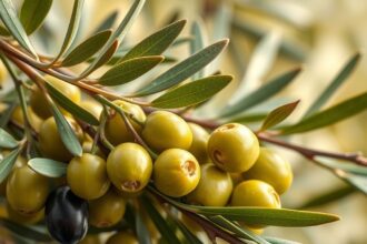 Zöld olívaágak és olívabogyók a természetben.