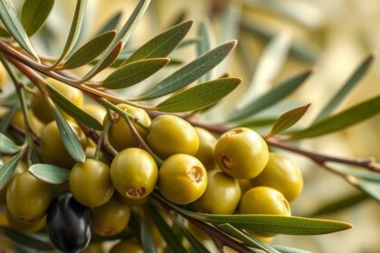 Zöld olívaágak és olívabogyók a természetben.