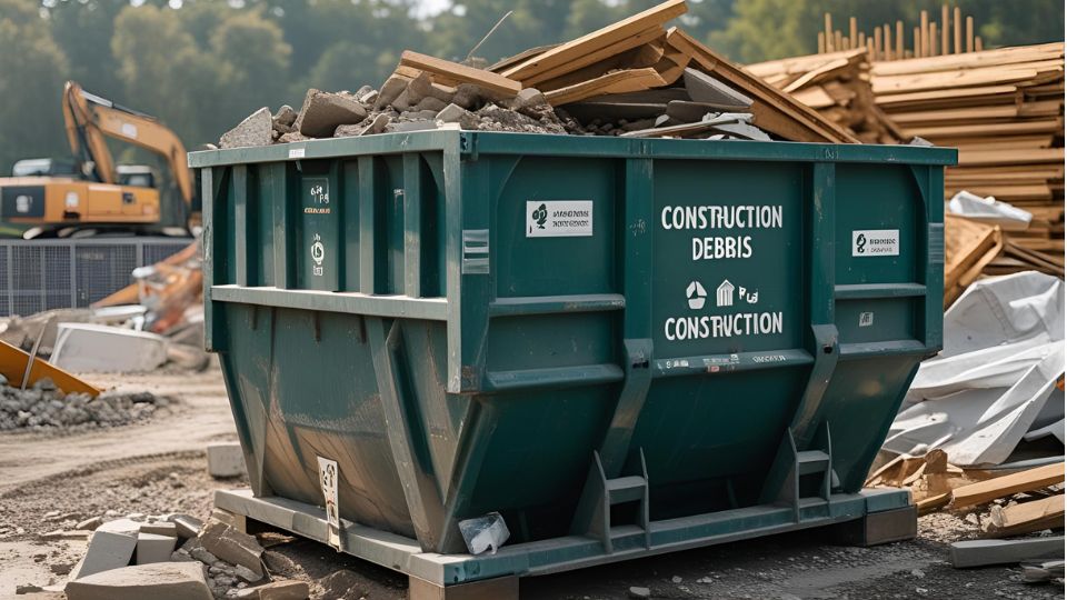Zöld konténer építkezési hulladék számára a felújítás alatt.