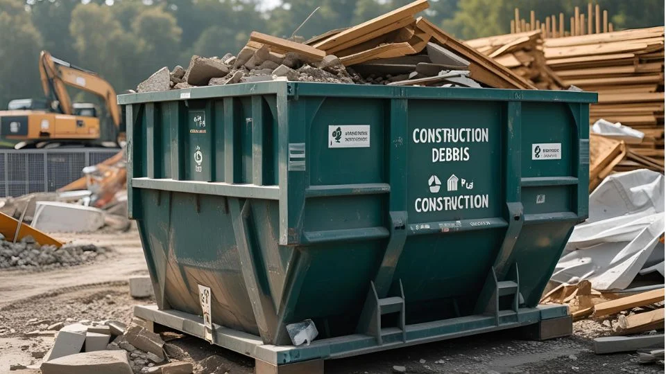 Zöld konténer építkezési hulladék számára a felújítás alatt.
