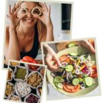 Nő zöldségeket tart a kezében, egészséges életmód és kollagén.