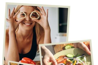 Nő zöldségeket tart a kezében, egészséges életmód és kollagén.