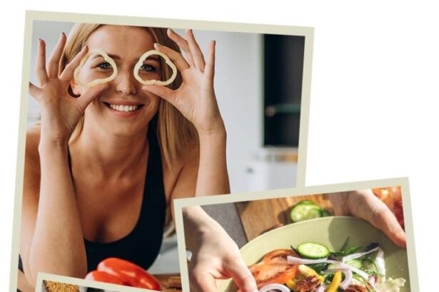 Nő zöldségeket tart a kezében, egészséges életmód és kollagén.