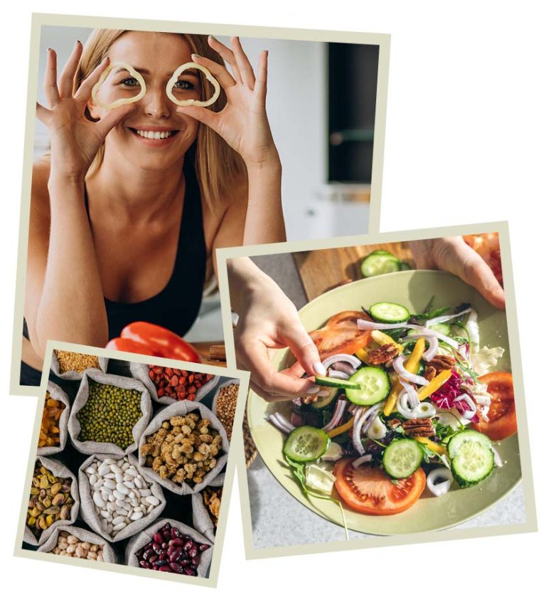 Nő zöldségeket tart a kezében, egészséges életmód és kollagén.