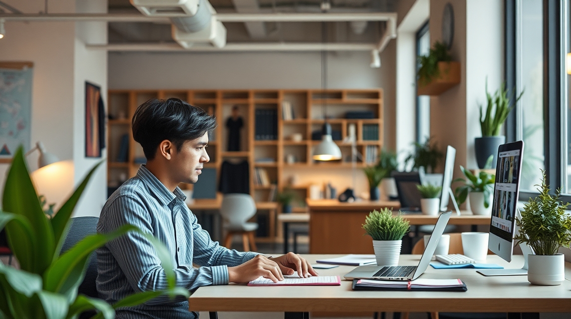 Fiatal férfi dolgozik a munkahelyén, stresszkezelés és egyensúly