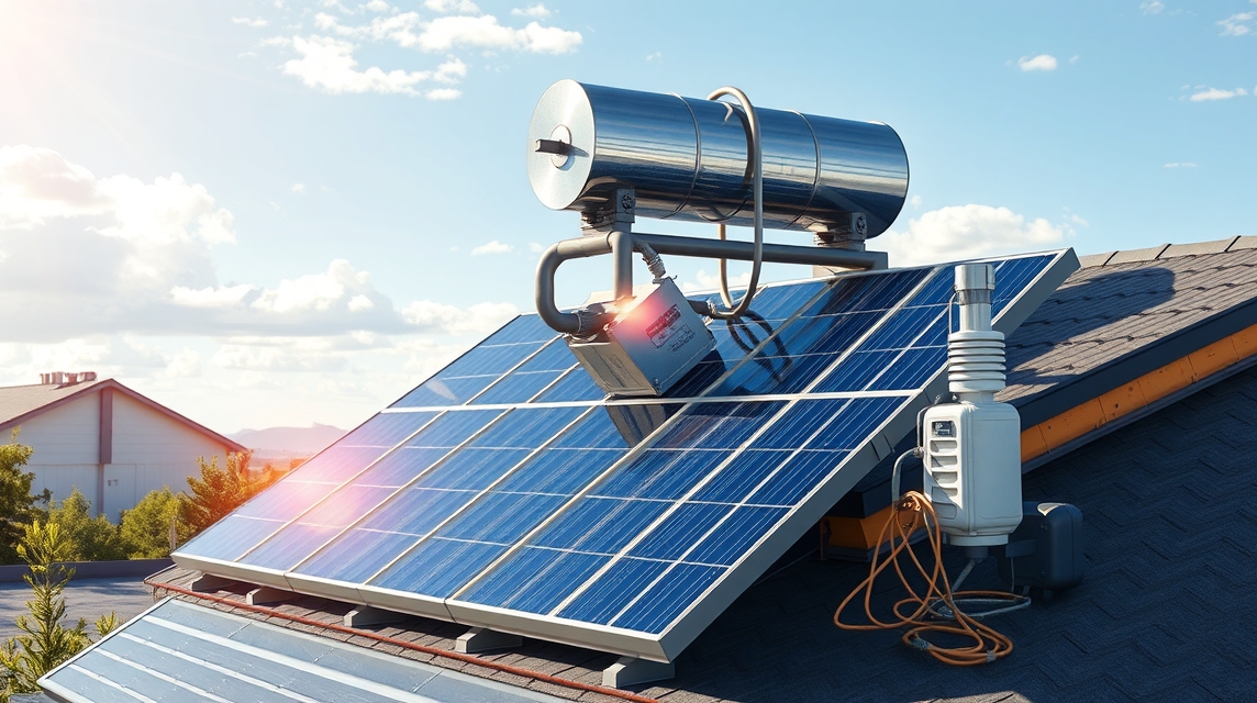 Napkollektorok tetőn, napenergia hasznosítása vízmelegítéshez.