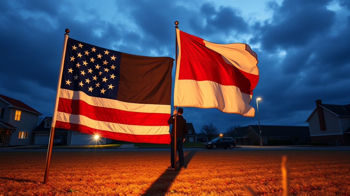 Két zászló áll egy emberenél, amerikai és indonéz.