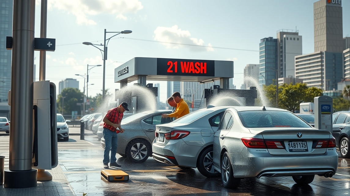 Önkiszolgáló autómosó folyamat, víz és kényelem megjelenítése.