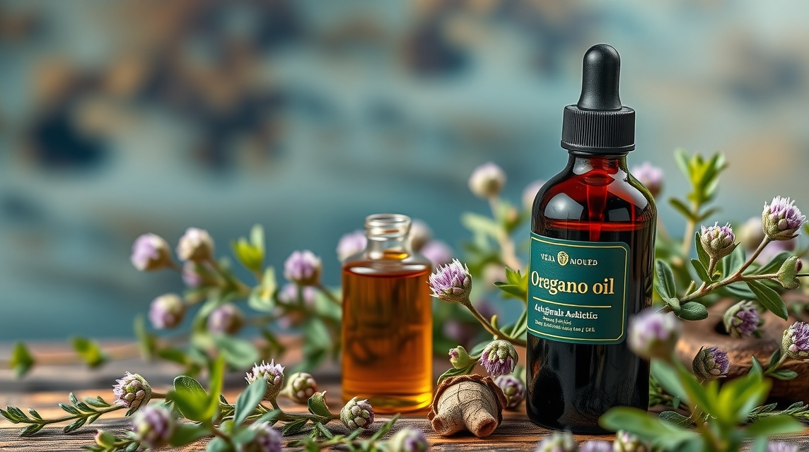 Oregánóolaj üvegpalack gyógynövények között